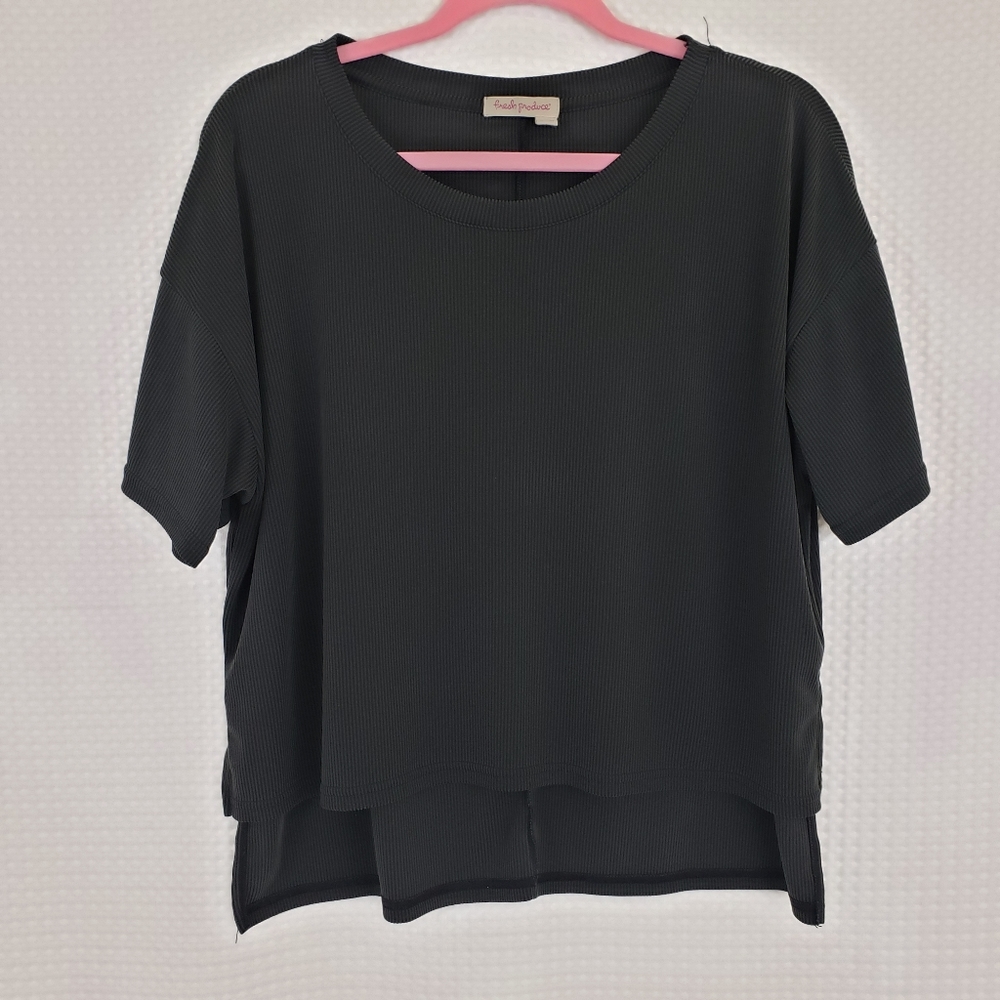 Fresh Produce Shirt Lagenlook Ribbed Tee Black Modal size Large Flowy Neutral
